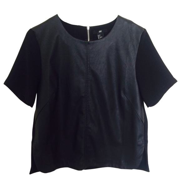 H&M Black Leather Short Sleeve Top With Solid Back - Picture 1 of 14